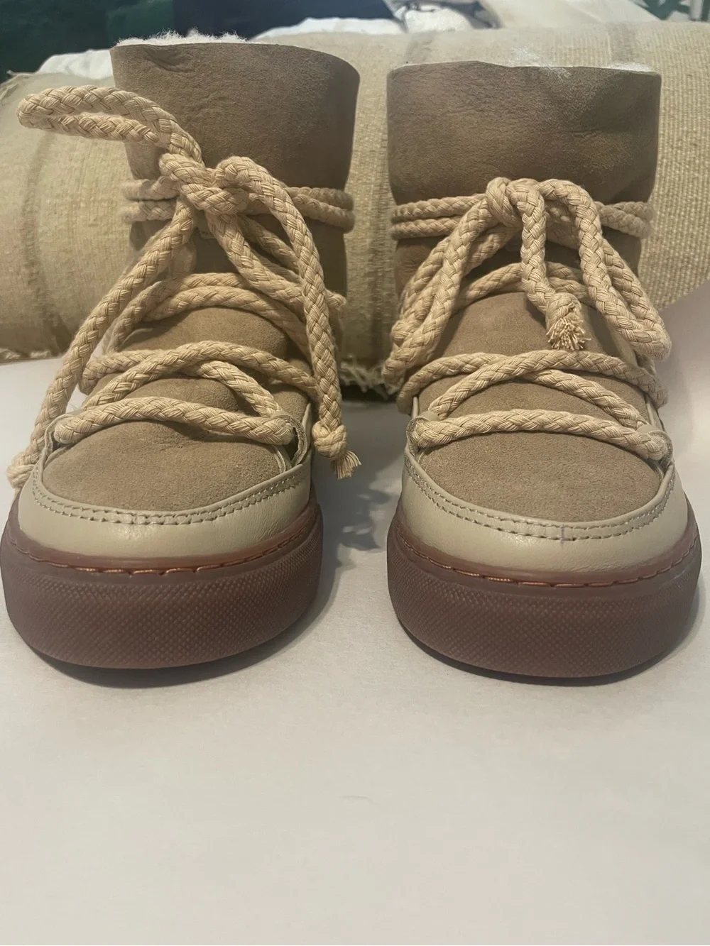 Inuikii Shearling Rope Lace Up Snow Boots NWT Beige Taupe Tan EU 38 US 7.5 8
